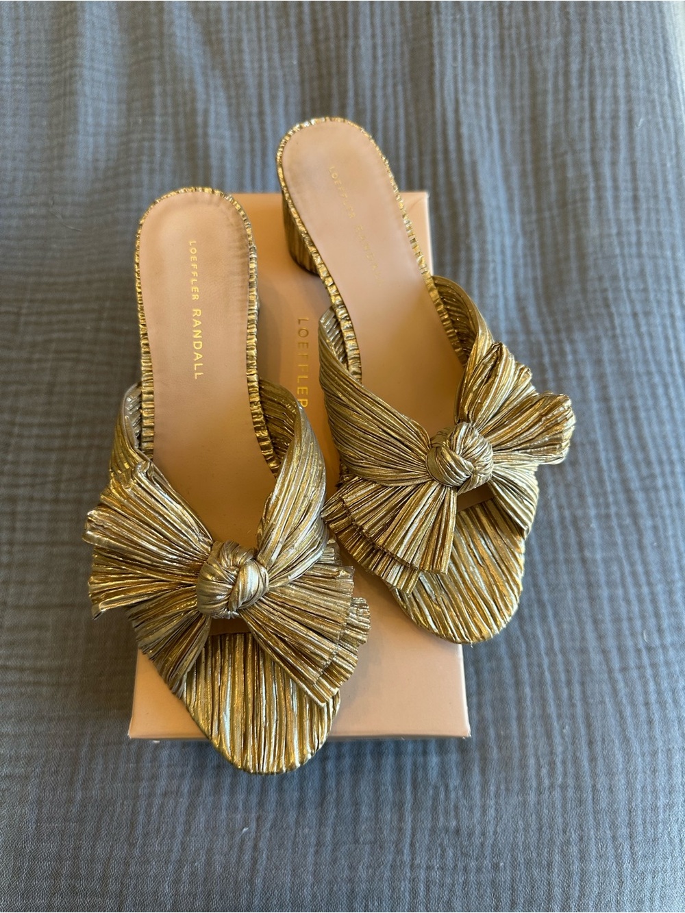 Loeffler Randall Emilia Knot Sandal Metallic Gold Pleat Slide Mules 10
